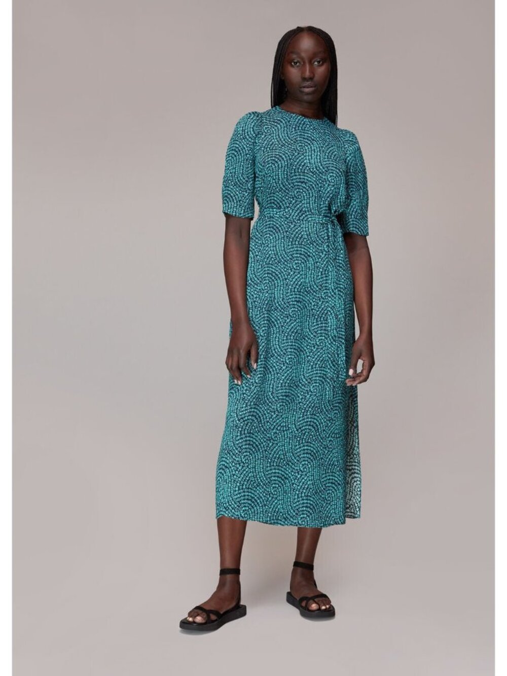 NWT Whistles blue daisy waves puff sleeve midi dress
